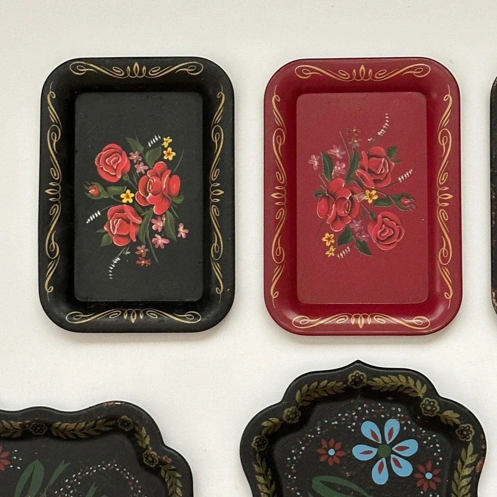 Vintage Set of 6 Mini Trays Toleware Floral  Black Red Rose Shabby Cottage Folk